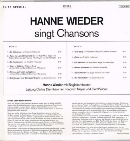 Elite Special SOLP-306 - Hanne Wieder - Hanne Wieder Singt Chans - Image 2