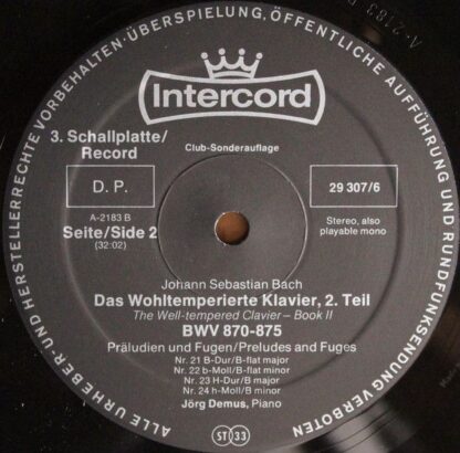 Intercord 29 307-6 - Johann Sebastian Bach, Jörg Demus - Das Woh - Image 13