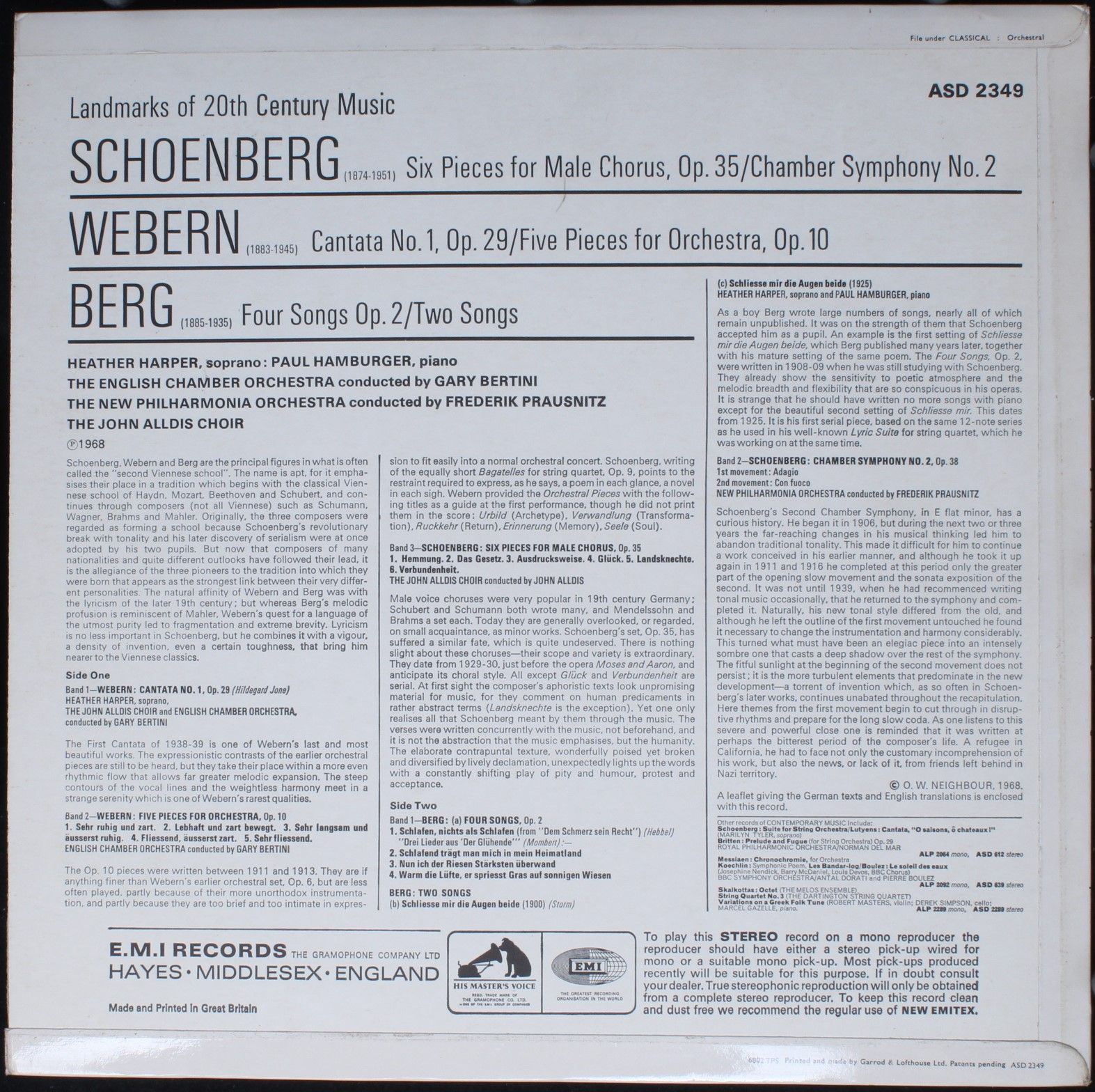 His Master's Voice ASD 2349 - Arnold Schoenberg, Anton Webern, A - Image 2