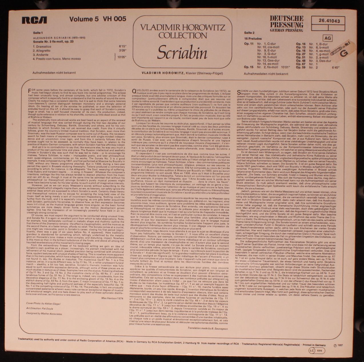 RCA VH 005 - Alexander Scriabin, Vladimir Horowitz - Scriabin - Image 2