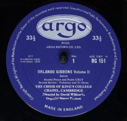 Argo RG 151 - Orlando Gibbons, The King's College Choir Of Cambr - Image 3