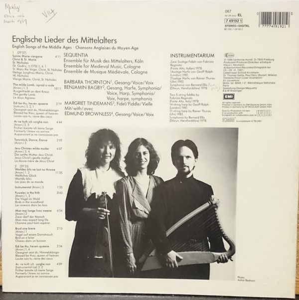 Deutsche Harmonia Mundi 7 49192 1 - Sequentia (2) - English Song - Image 2