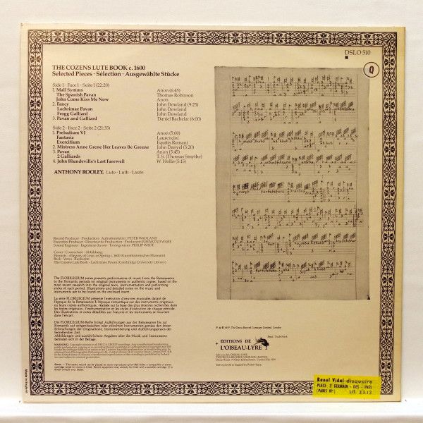 L'Oiseau-Lyre DSLO 510 - Anthony Rooley - The Cozens Lute Book - Image 2