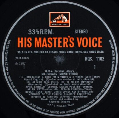His Master's Voice HQS. 1102 - Claudio Monteverdi, English Chamb - Image 3