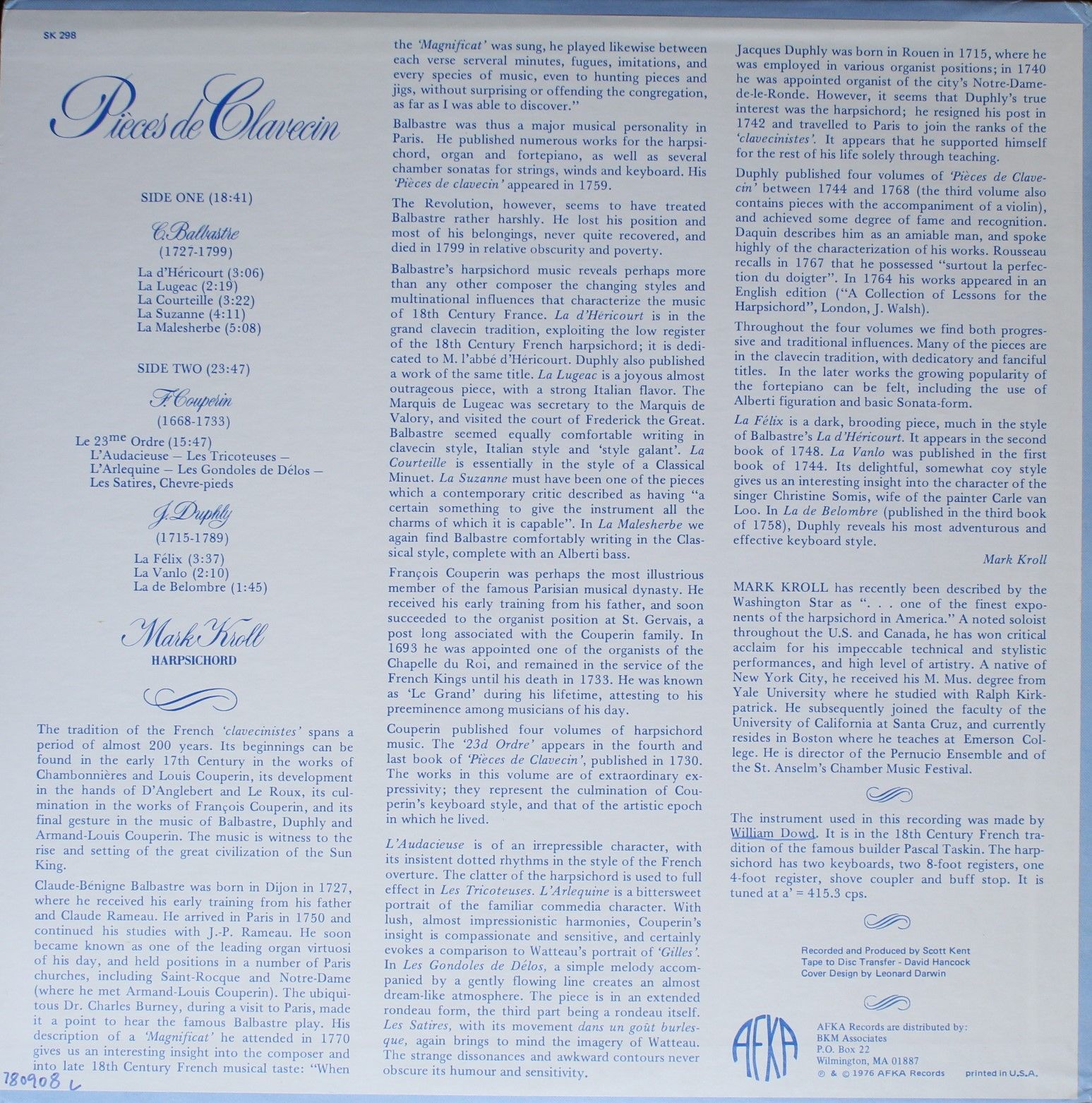 AFKA SK 298 - Claude Balbastre, François Couperin, Jacques Duphl - Image 2