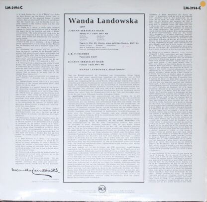 RCA Red Seal LM-2194-C - Wanda Landowska, Johann Sebastian Bach, - Image 2