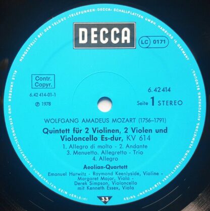 DECCA 6.42414 - Wolfgang Amadeus Mozart, Aeolian String Quartet, - Image 3