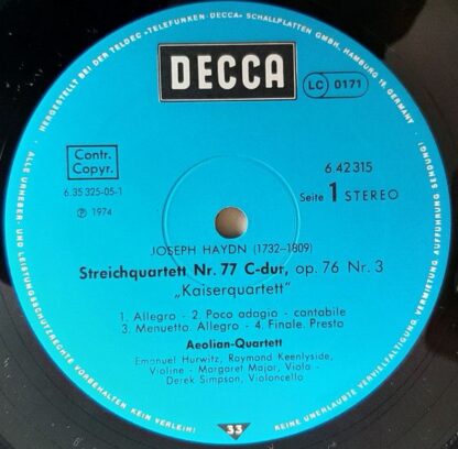 DECCA 6.42315 - Joseph Haydn, Aeolian String Quartet - Kaiserqua - Image 3