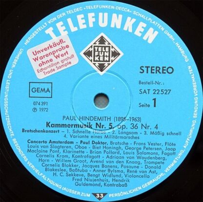 Telefunken SAT 22 527 - Paul Hindemith, Concerto Amsterdam - Kam - Image 3