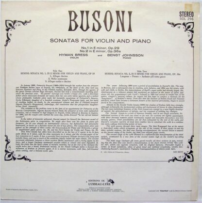 L'Oiseau-Lyre SOL 296 - Ferruccio Busoni, Hyman Bress, Bengt Joh - Image 2