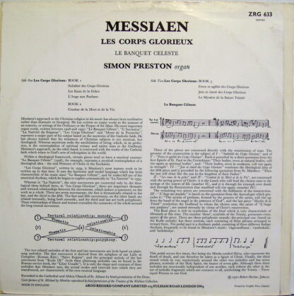 Argo ZRG 633 - Olivier Messiaen,Simon Preston - Les Corps Glorie - Image 2
