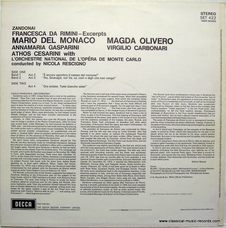 DECCA SET 422 - Riccardo Zandonai, Mario del Monaco, Magda Olive - Image 2