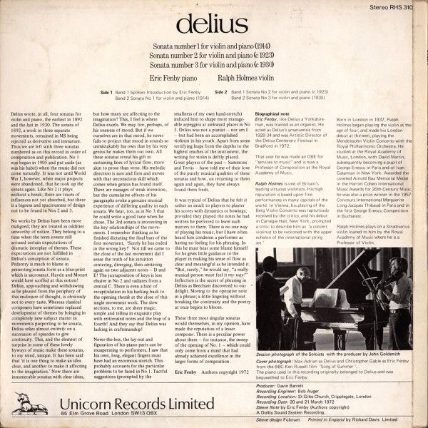 Unicorn Records (3) RHS 310 - Frederick Delius, Ralph Holmes, Er - Image 2
