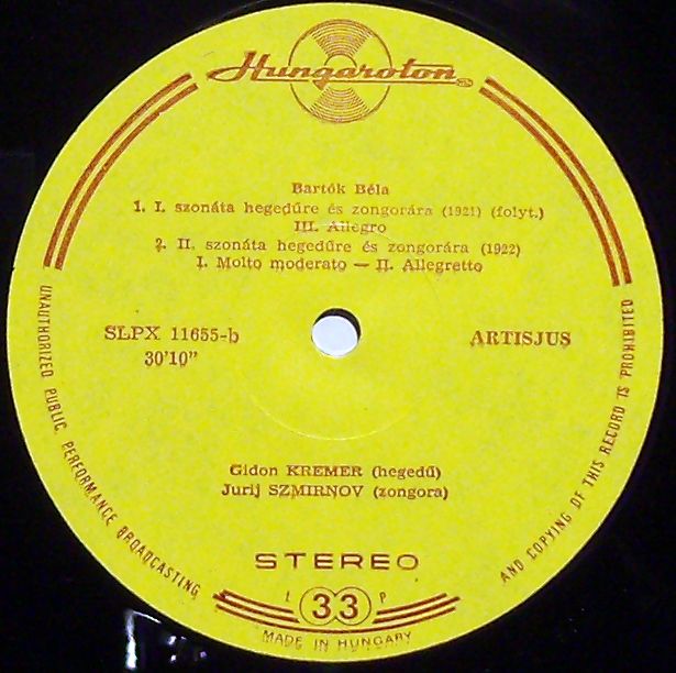 Hungaroton SLPX 11655 - Béla Bartók, Gidon Kremer, Yuri Smirnov - Image 2