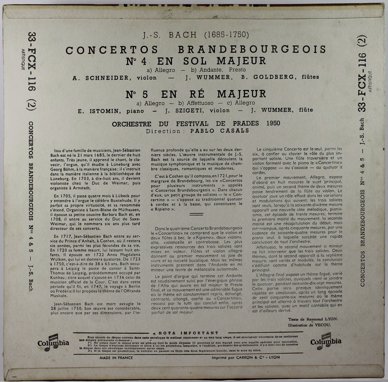 Columbia 33 FCX 116 - Johann Sebastian Bach, Pablo Casals - Conc - Image 2