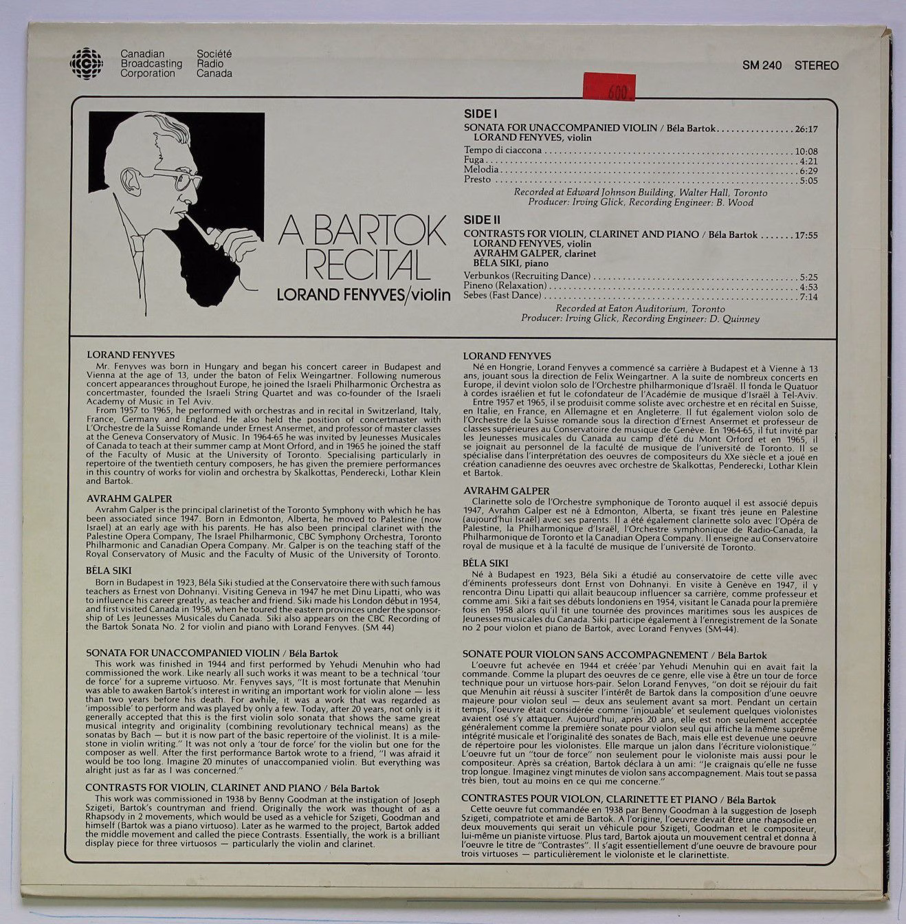 CBC Radio Canada SM 240 - Lorand Fenyves, Béla Bartók - A Bartok - Image 2
