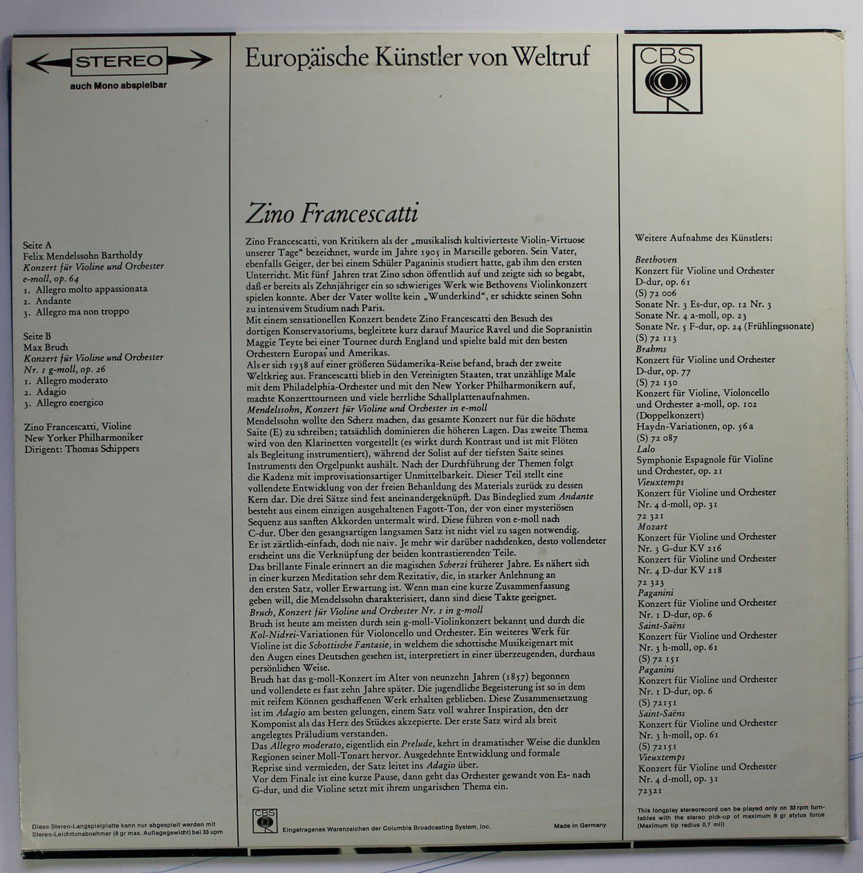 CBS S 72044 - Felix Mendelssohn-Bartholdy, Max Bruch, Zino Franc - Image 2