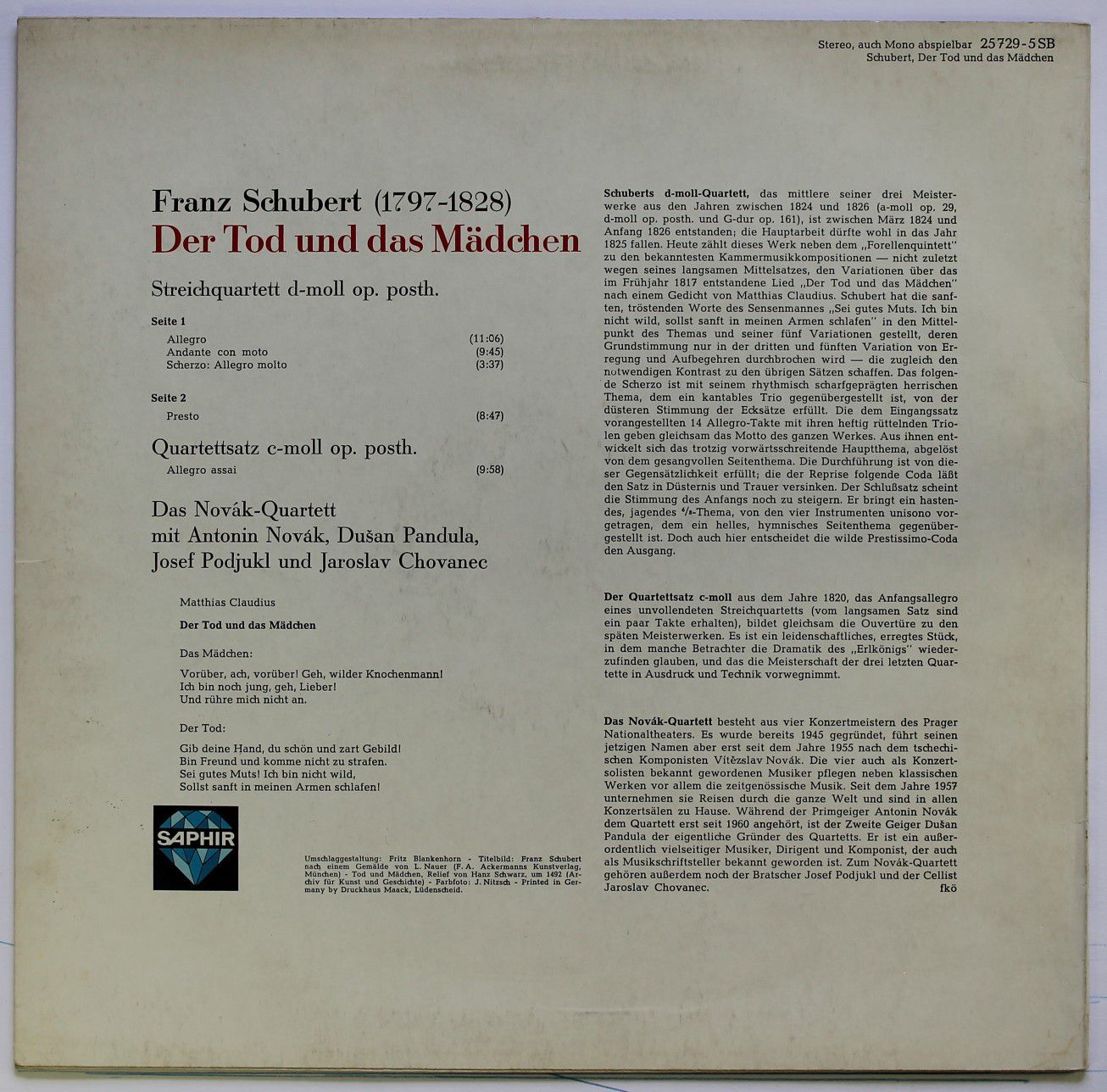 Saphir 25 729-5 SB - Franz Schubert, Novák Quartet - Streichquar - Image 2