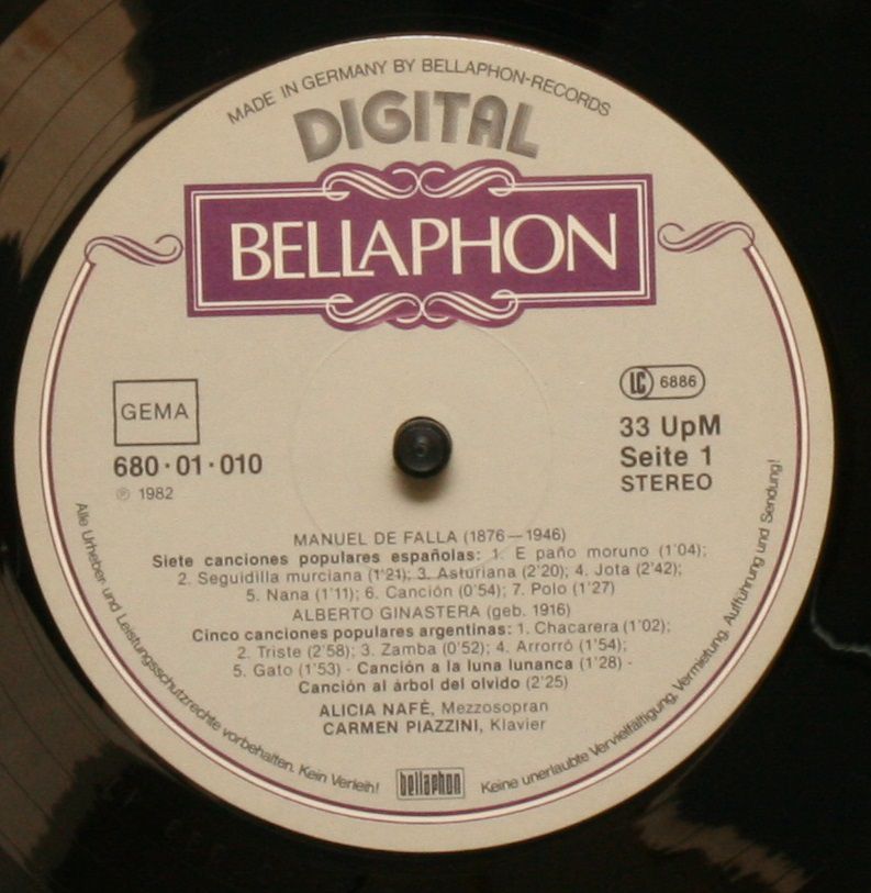 Bellaphon 680-01-010 - Alicia Nafé, Manuel De Falla, Alberto Gin - Image 3