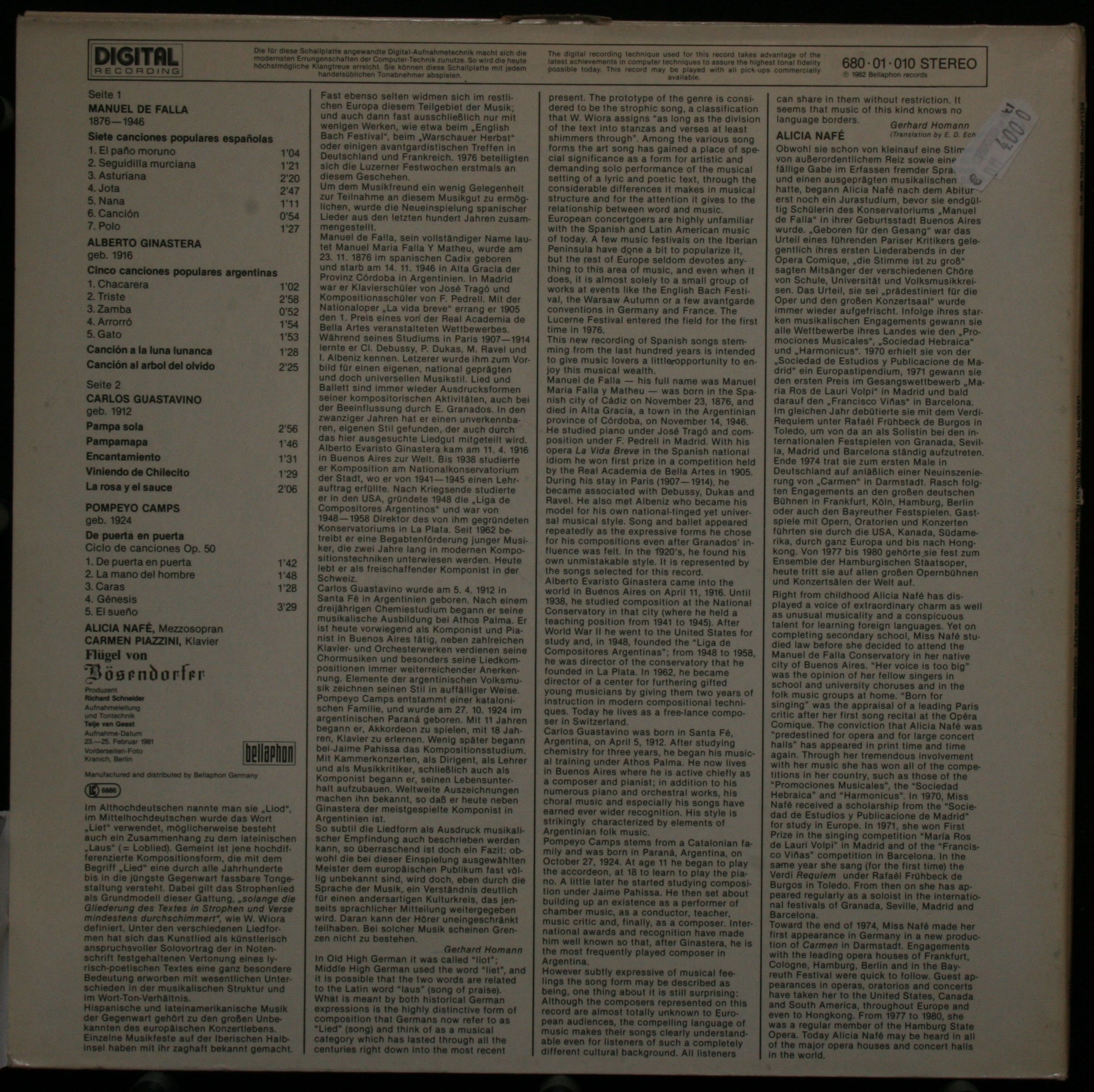 Bellaphon 680-01-010 - Alicia Nafé, Manuel De Falla, Alberto Gin - Image 2