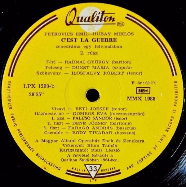 Qualiton LPX 1208 - Emil Petrovics, Hubay Miklós - C'est La Guer - Image 3