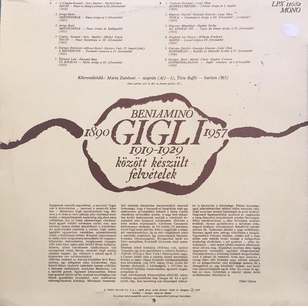 Hungaroton LPX 11682 - Beniamino Gigli - Beniamino Gigli - 1919 - Image 2