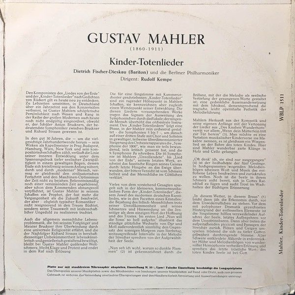 His Master's Voice WBLP 1511 - Gustav Mahler, Dietrich Fischer-D - Image 2