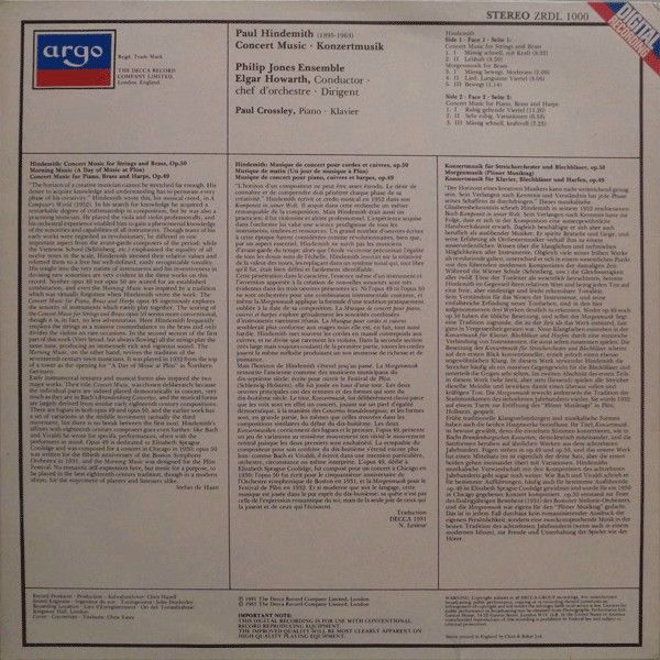 Argo ZRDL 1000 - Paul Hindemith, Philip Jones Brass Ensemble, El - Image 2