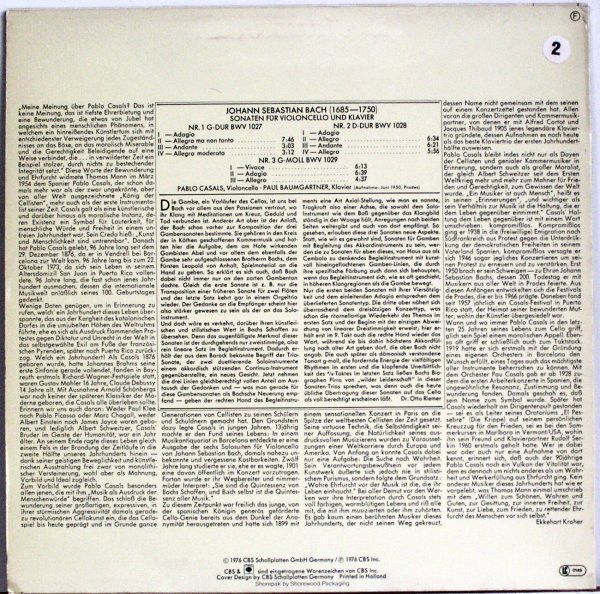 CBS 61 770 - Johann Sebastian Bach, Pablo Casals, Paul Baumgartn - Image 2