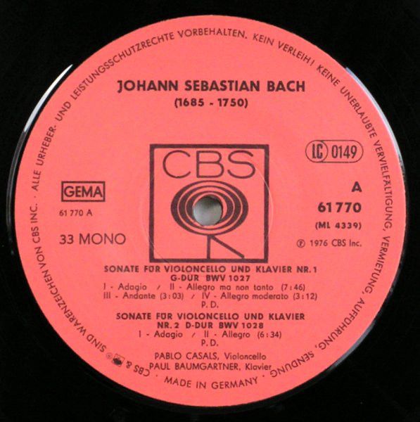 CBS 61 770 - Johann Sebastian Bach, Pablo Casals, Paul Baumgartn - Image 3