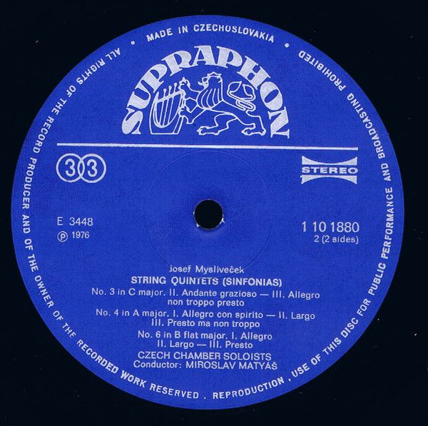 Supraphon 1 10 1880 - Josef Mysliveček, Czech Chamber Soloists, - Image 4