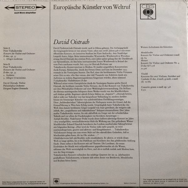 CBS S 72064 - David Oistrach, Eugene Ormandy, The Philadelphia O - Image 2
