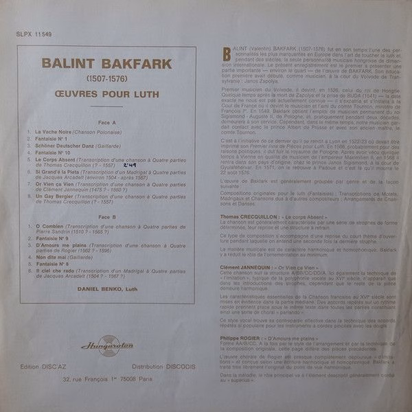 Hungaroton SLPX 11549 - Valentin Bakfark, Dániel Benkő - Lute Mu - Image 5