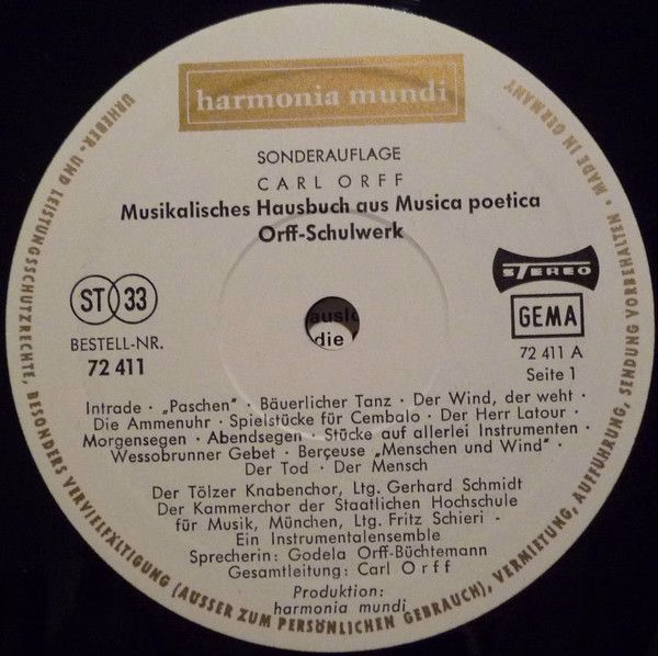 Deutsche Harmonia Mundi ST PL 72 411 - Carl Orff, Gunild Keetman - Image 3