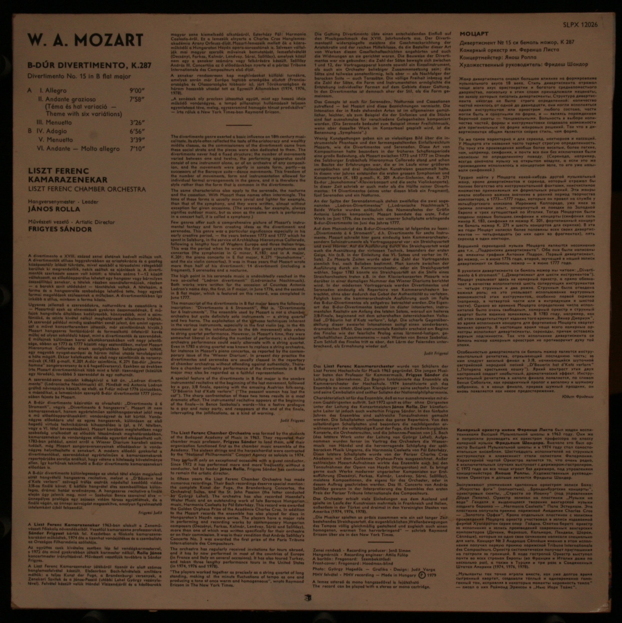 Hungaroton SLPX 12026 - Wolfgang Amadeus Mozart, János Rolla, Fr - Image 2