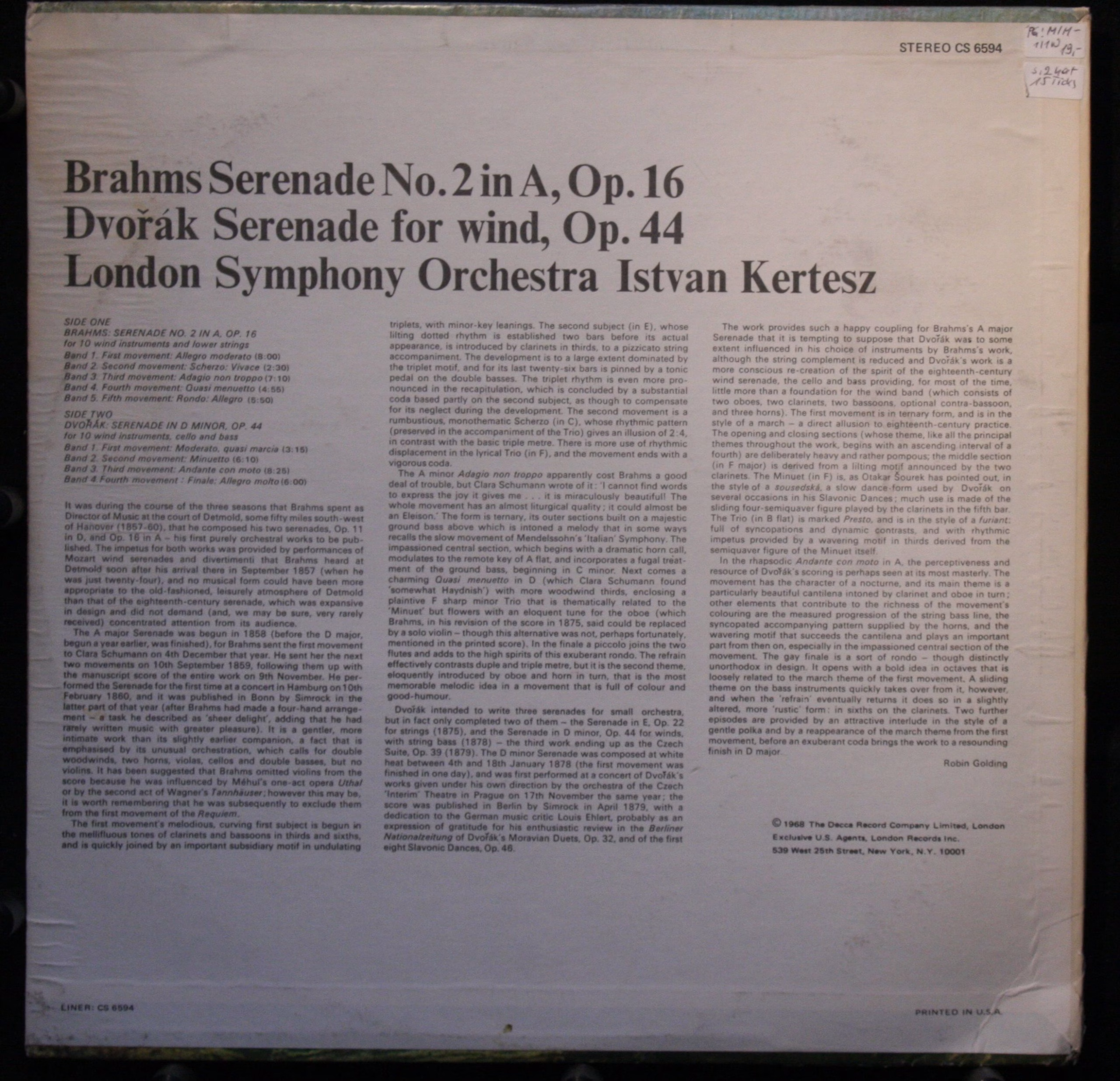 London Records CS 6594 - Johannes Brahms, Antonín Dvořák, London - Image 2