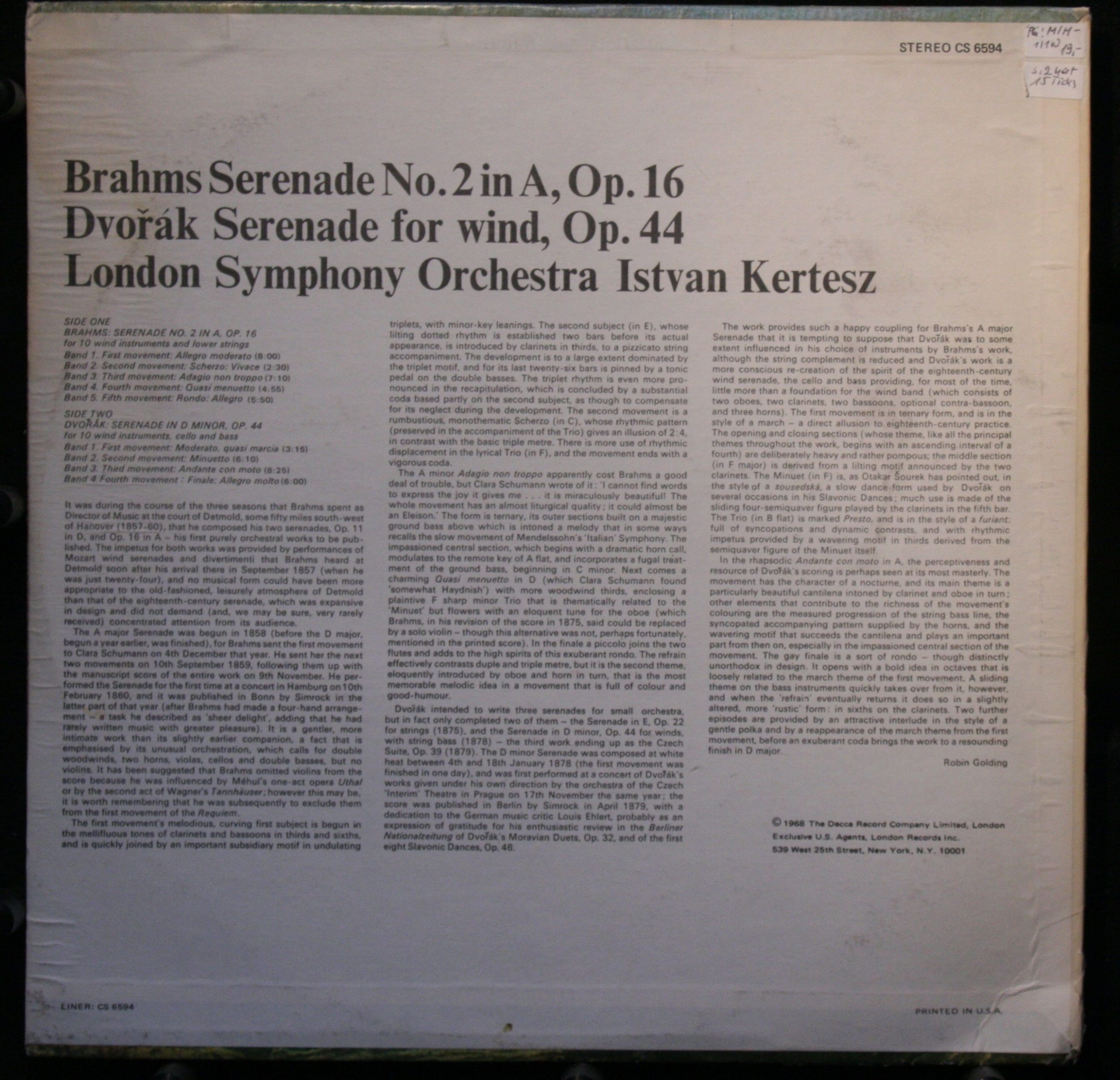London Records CS 6594 - Johannes Brahms, Antonín Dvořák, London - Image 2