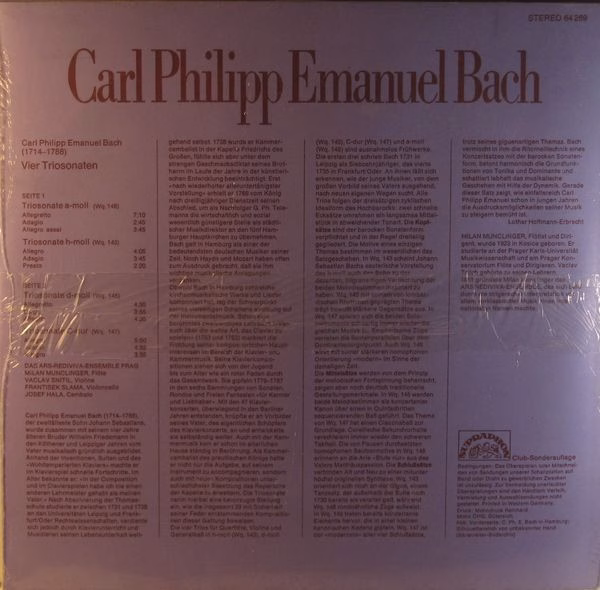 Supraphon 64 289 - Carl Philipp Emanuel Bach, Ars Rediviva Ensem - Image 2
