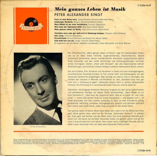 Polydor J 73 534 - Peter Alexander - Mein Ganzes Leben Ist Musik - Image 2