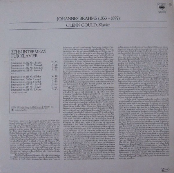 CBS CBS 61 979 - Johannes Brahms, Glenn Gould - Zehn Intermezzi - Image 2