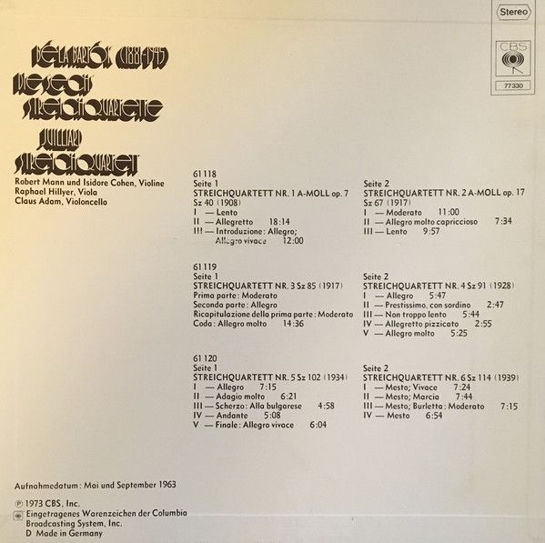 CBS 77330 - Béla Bartók, Juilliard String Quartet - Die Sechs St - Image 2