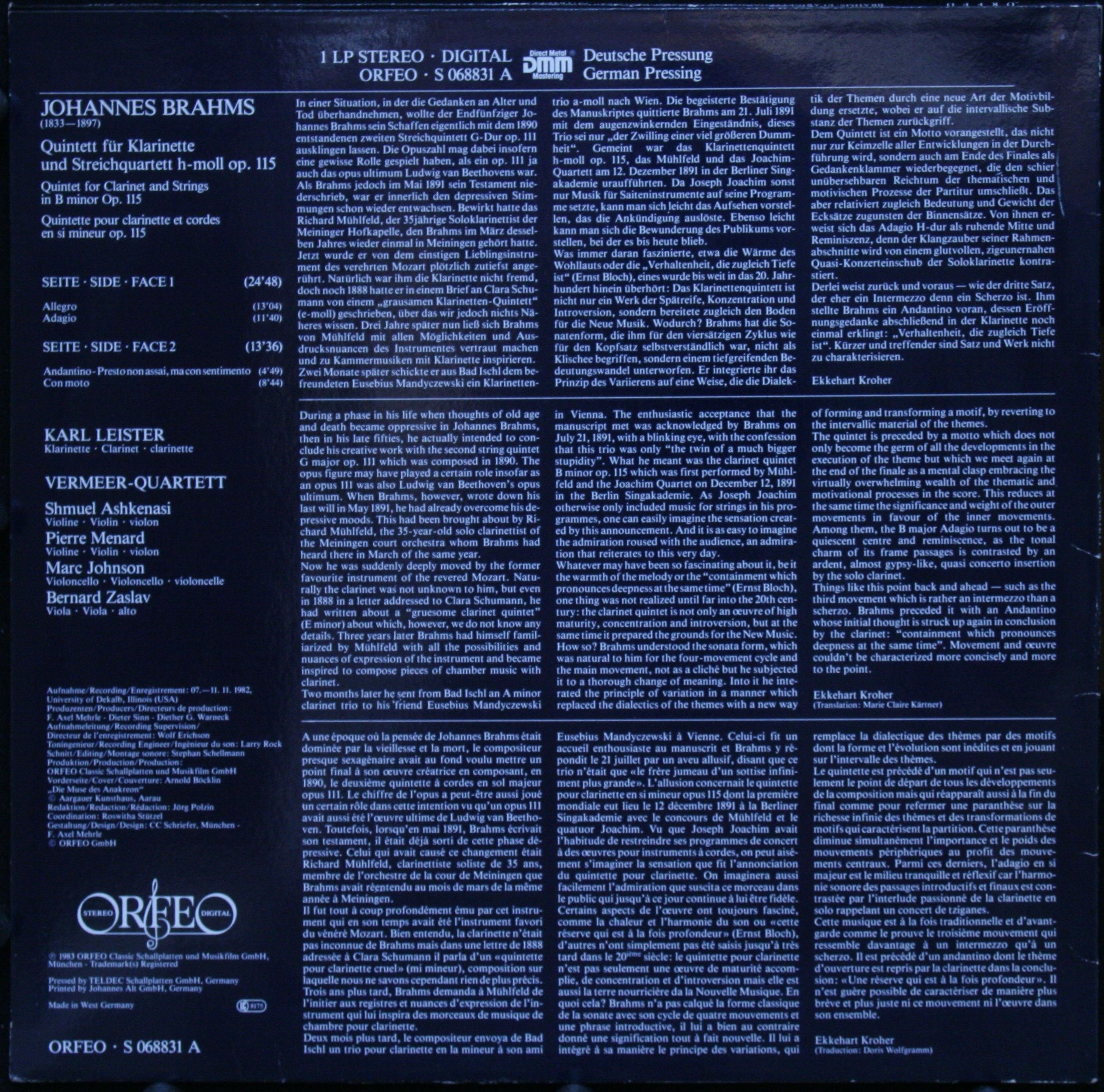 Orfeo (2) S 068831 A - Johannes Brahms, Vermeer Quartet, Karl Le - Image 2
