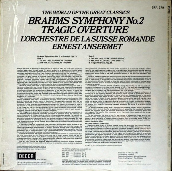 DECCA SPA 379 - Johannes Brahms, Ernest Ansermet - Symphony No.2 - Image 2