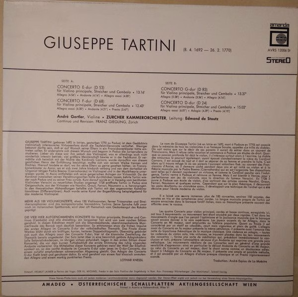 Amadeo AVRS 12006 St - Giuseppe Tartini, André Gertler, Edmond D - Image 2