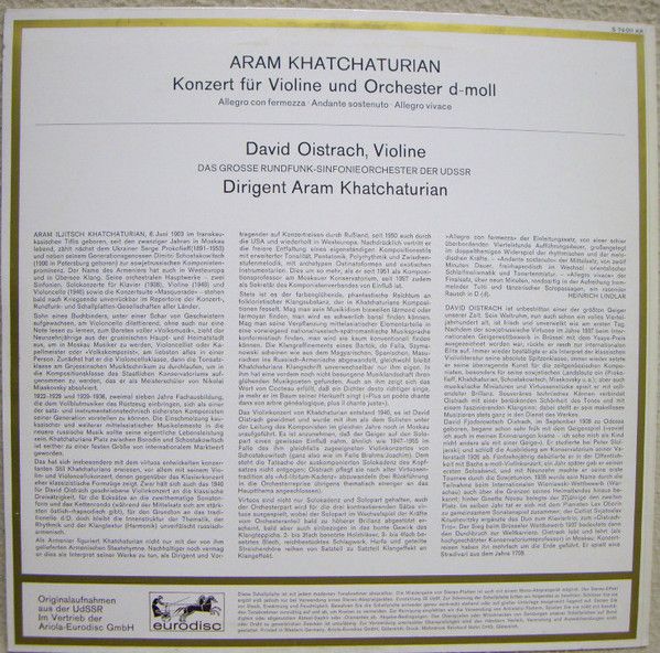 Eurodisc S 74 011 KK - Aram Khatchaturian, David Oistrach, Больш - Image 3