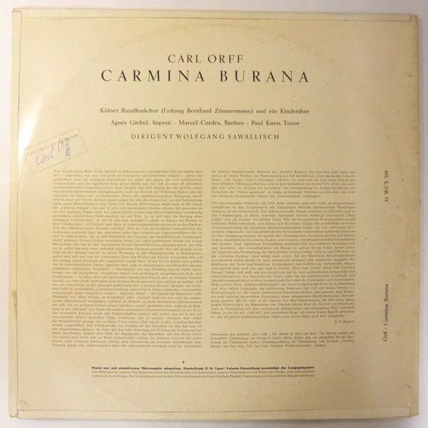 Columbia 33 WCX 509 - Carl Orff, Wolfgang Sawallisch, Kölner Run - Image 2