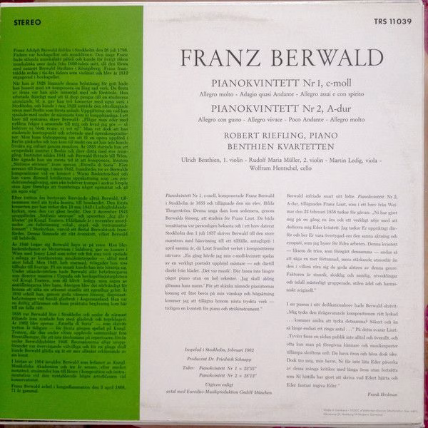 Telestar TRS 11 039 - Franz Berwald, Benthien Quartet, Robert Ri - Image 2