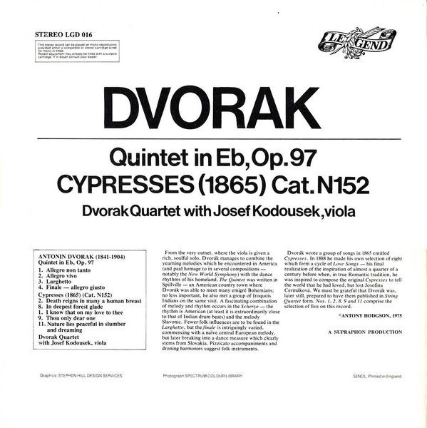 Legend LGD 016 - Antonín Dvořák, Dvořák Quartet, Josef Koďousek - Image 2