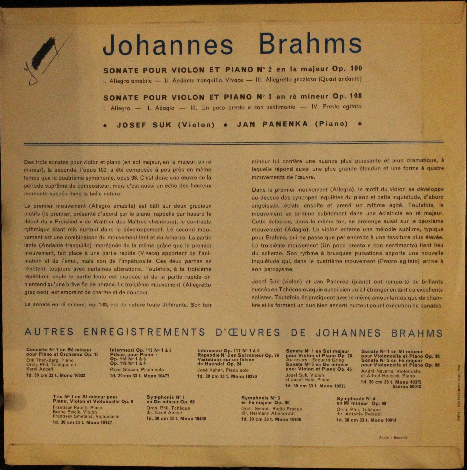 Supraphon SUA 10474 - Johannes Brahms, Jan Panenka, Josef Suk - - Image 2