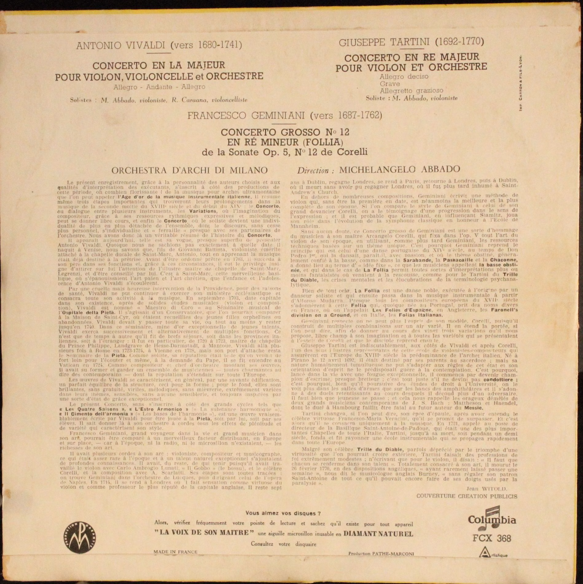 Columbia FCX 368 - Francesco Geminiani, Antonio Vivaldi, Giusepp - Image 2
